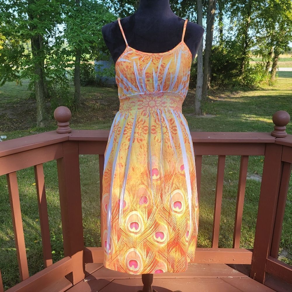 Style Works  Orange White Floral Feather  Spaghetti Strap Summer Dress Size M
